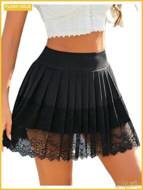 Pleated Lace Mini Skirt High Waist A-Line Short